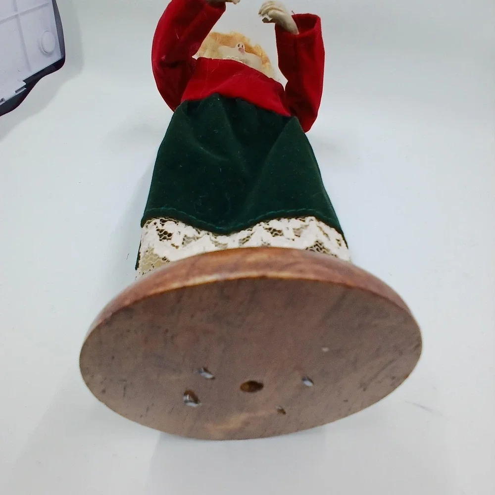Vintage Christmas Caroler Girl Doll Red Green Velvet Dress‎ Holiday Wooden Base
